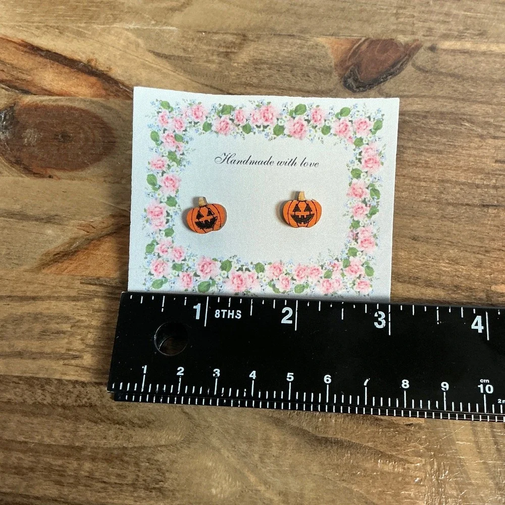 Handmade Pumpkin Stud Earrings Women OS Orange Wood Jack-O-Lantern Halloween